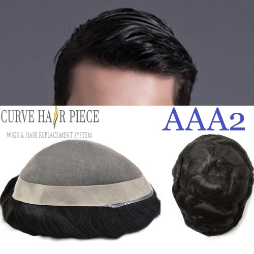 Curve Hairpiece Fine Mono Mens Hair System Durable 1'' Poly Coating Human Hair System Wig Hairpiece For Men AAA2