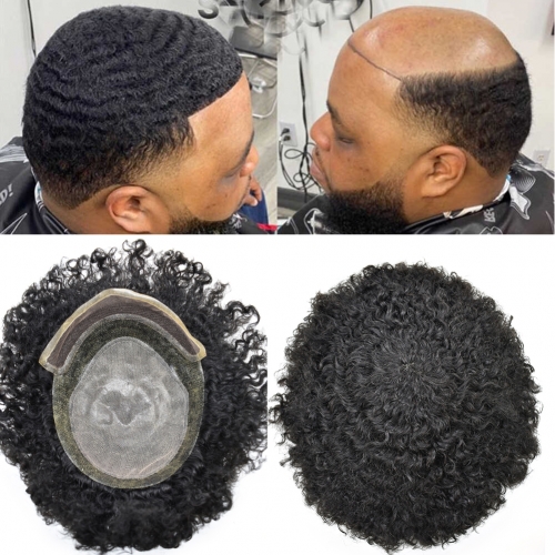 Afro Curly Mens Toupee Breathable HD Lace Hair System Poly Thin Skin PU African American Hair Topper Remy Human 120% Density Replacement Wigs