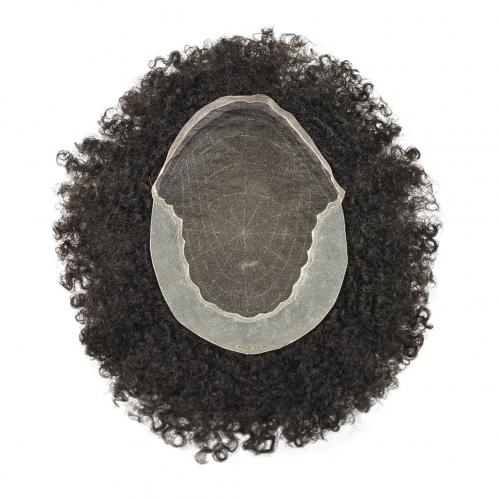 Q6 Afro Curl Toupee for Black Men HD Lace African American Human Hair Replacement Systems Breathable All Transparent Lace Hairpiece