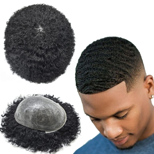 Afro Toupee For Black Men African American Afro Hair Systems Kinky Curly Weave Mens Hair Unit Brazilian Remy Human Hair Replacement Full Poly Hairpiec